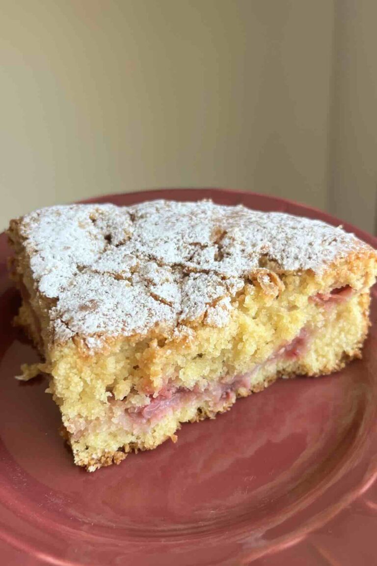 slice of whole wheat strawberry cake on a red plate.