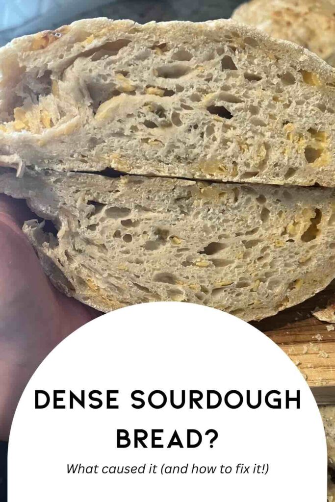 dense loaf of sourdough bread with text.
