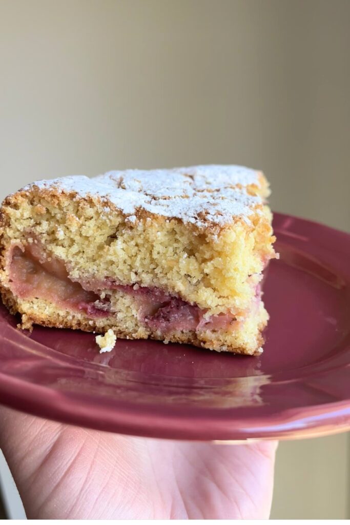 slice of whole wheat strawberry cake on a plate.