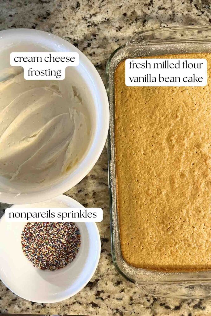 vanilla bean cake, cream cheese frosting and sprinkles labeled.