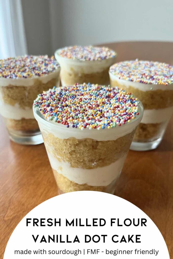 vanilla bean dot cake with text.