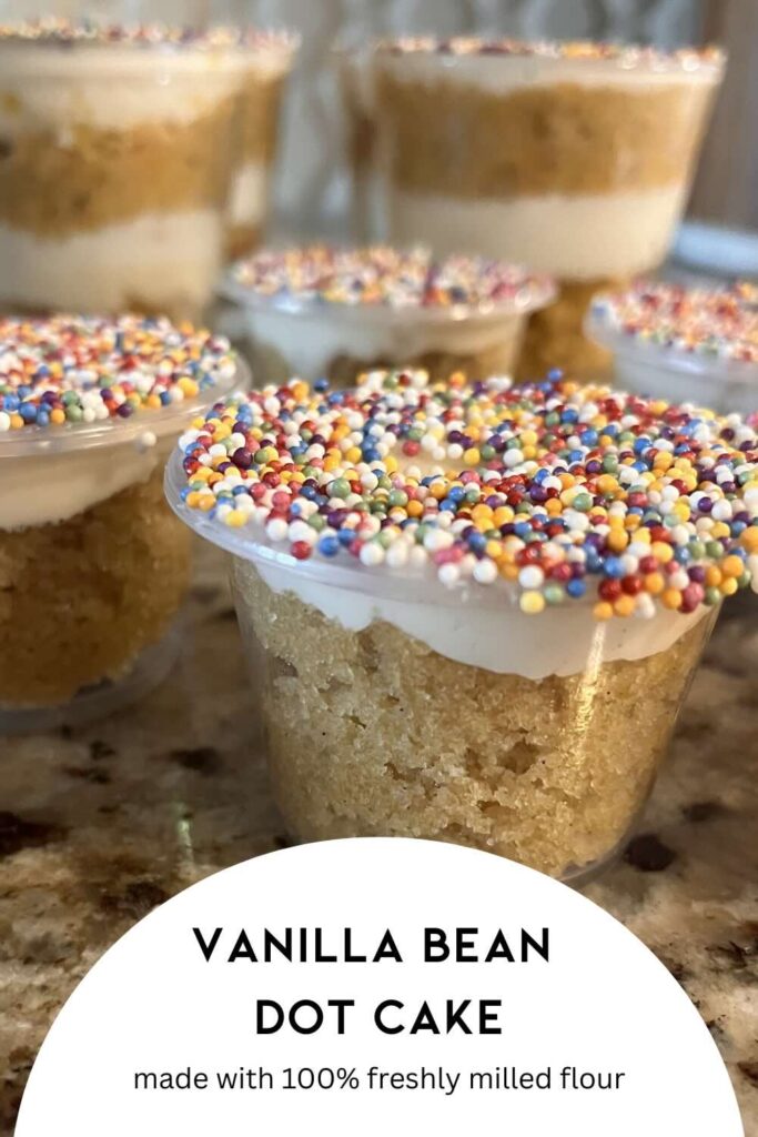 vanilla bean dot cake with label.